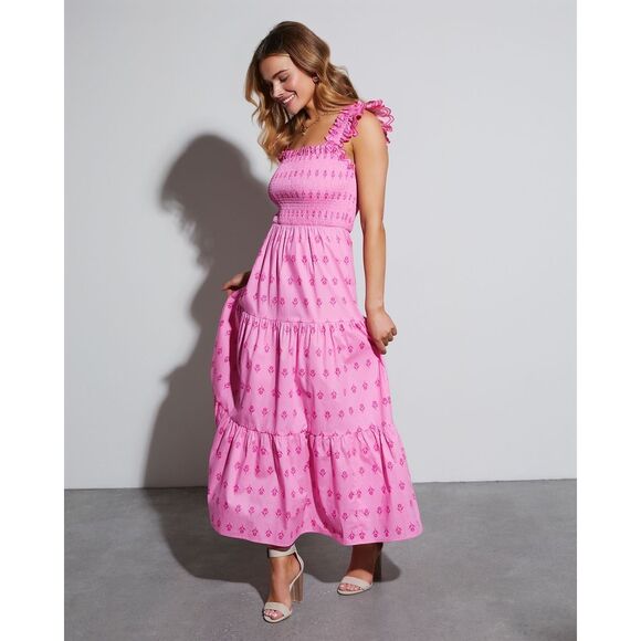 Moon River Smocked Floral Nap Dress Pink Size Small Midi Preppy Cottagecore - Picture 2 of 9